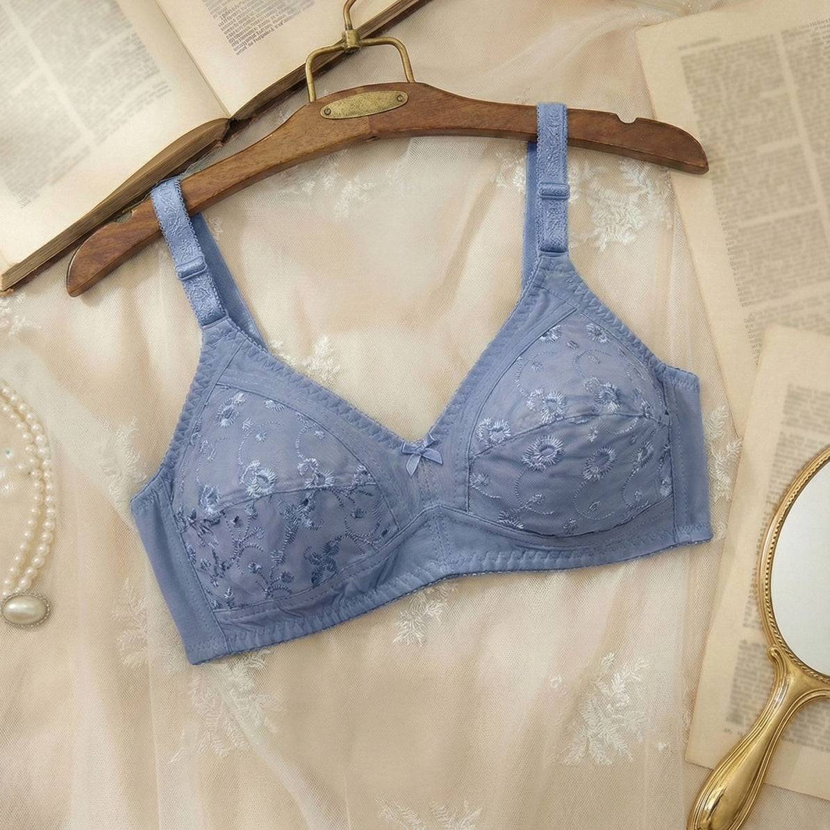 Breathable Cotton Wireless Bra – Soft Floral Lace, Full Coverage & Supportive Wide Straps
