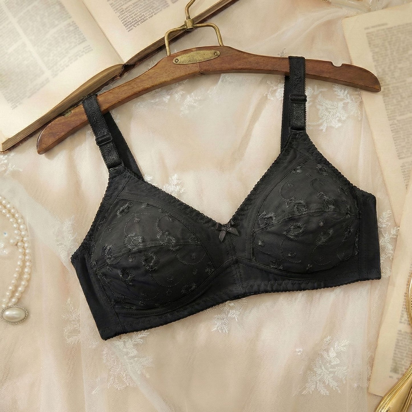 Breathable Cotton Wireless Bra – Soft Floral Lace, Full Coverage & Supportive Wide Straps